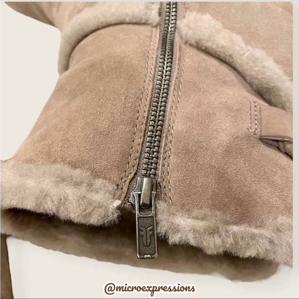 $479 Frye Jen Shearling Fur Beige/Tan Short Real Suede Heeled Zip Up AnkleBootie - Picture 13 of 16